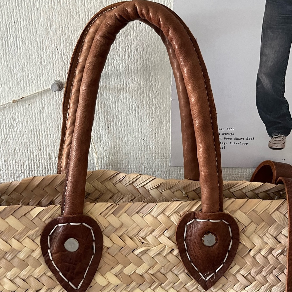Woven Straw Backpack Tote with Brown Leather Straps - Picture 5 of 11